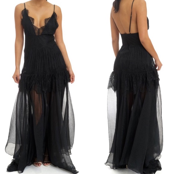 Black Evening Chiffon Lace Maxi Gown Dress - Picture 2 of 5